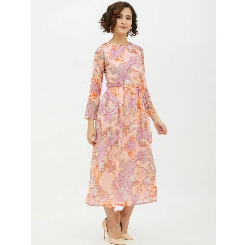 Amfyn Women's Polyester Printed Long Sleeves Calf-length Dress (Multicolor)
