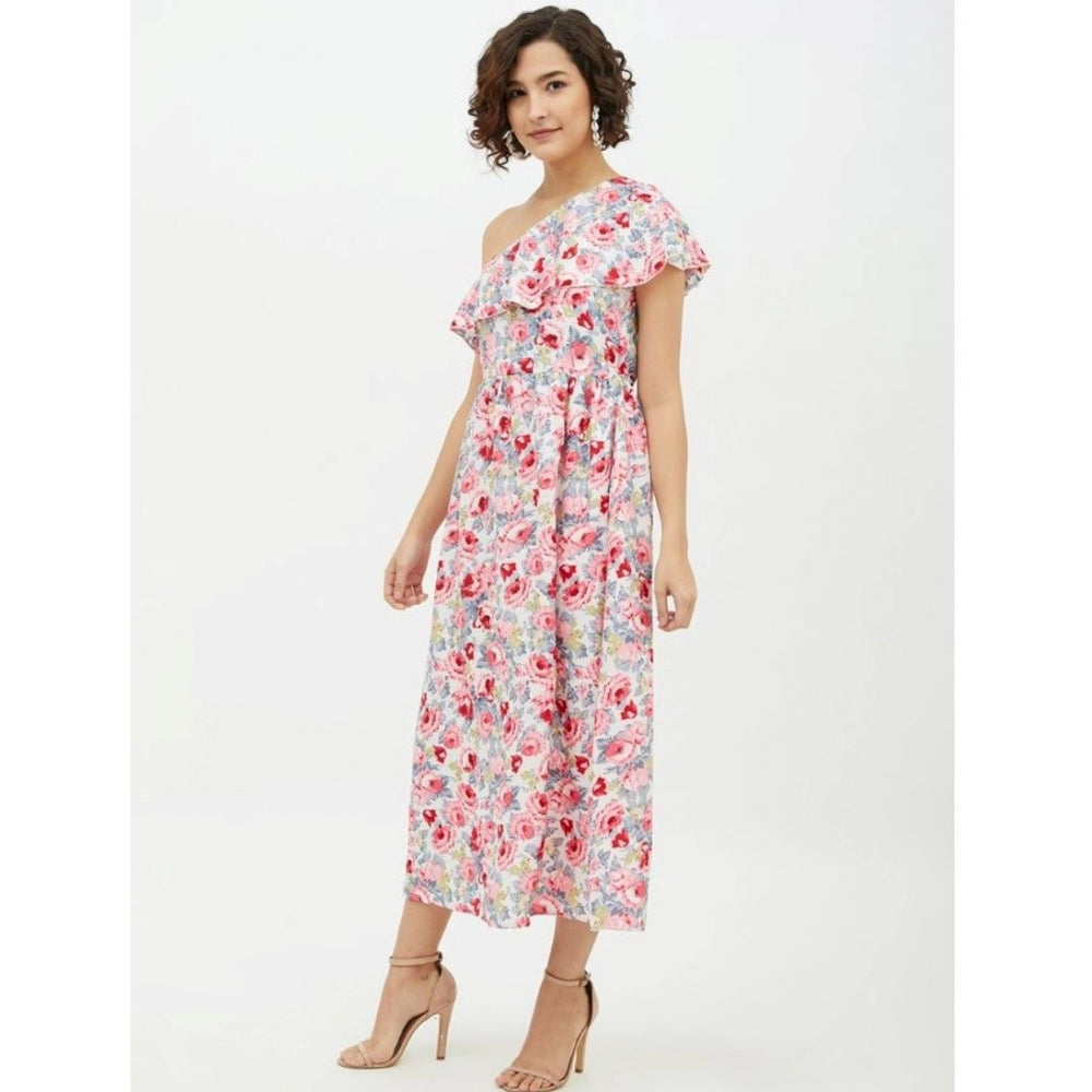 Amfyn Women's Polyester Floral One Shoulder Calf-length Dress (Multicolor)