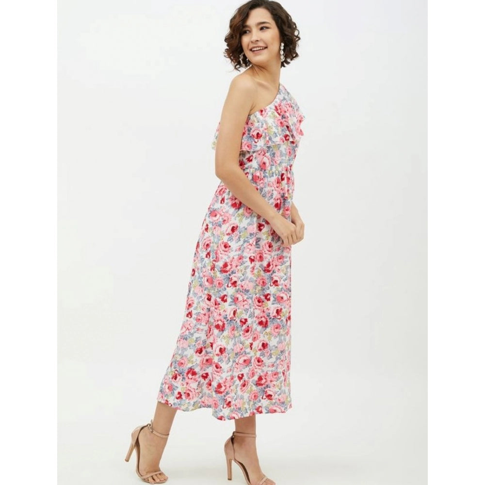 Amfyn Women's Polyester Floral One Shoulder Calf-length Dress (Multicolor)