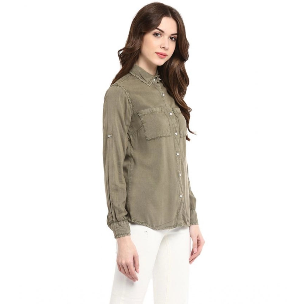 Amfyn Women's Rayon Solid Long Sleeves Standard Length Shirt (Olive Green)