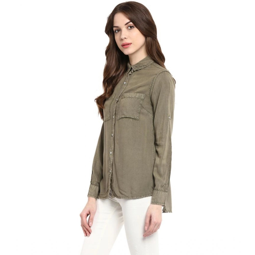 Amfyn Women's Rayon Solid Long Sleeves Standard Length Shirt (Olive Green)