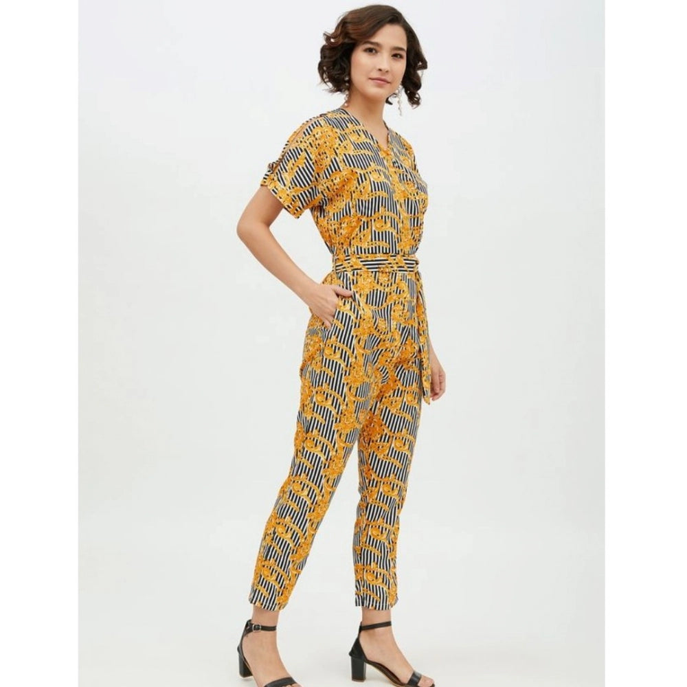Amfyn Women's Polyester Printed Half Sleeve Long Jumpsuit (Yellow)
