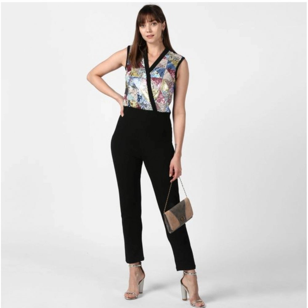 Amfyn Women's Polyester Embellished Sleeveless Jumpsuit (Black)