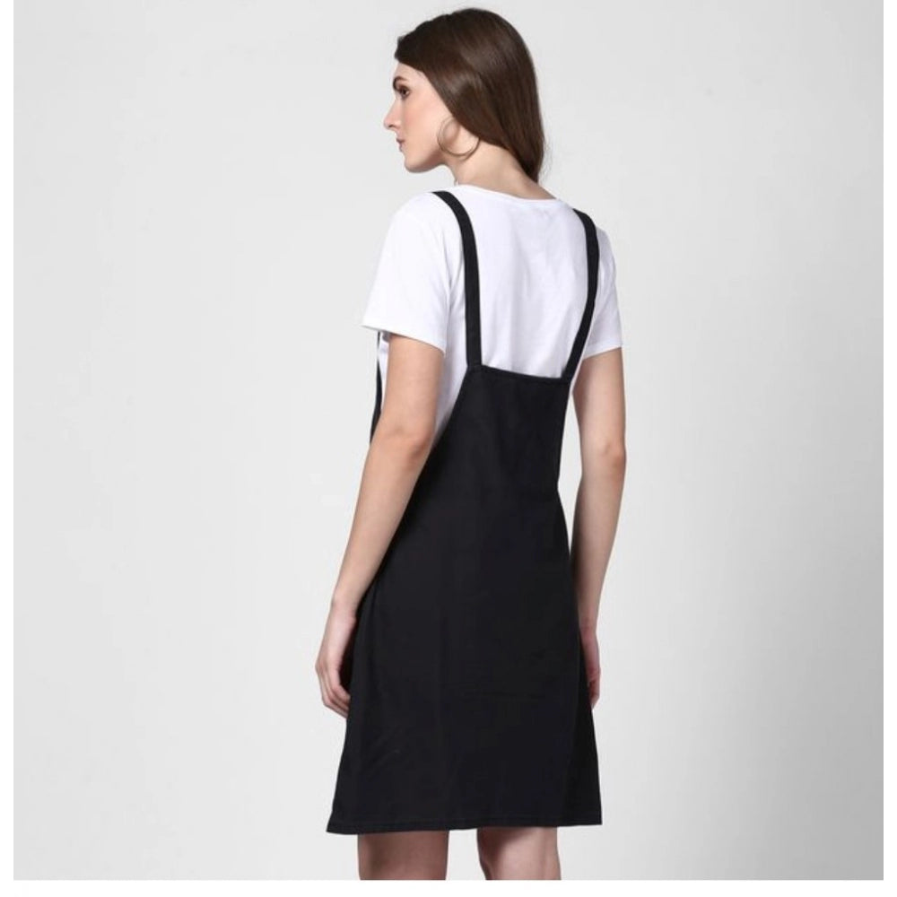 Amfyn Women's Denim Solid Shoulder Straps Above Knee Dungaree (Black)