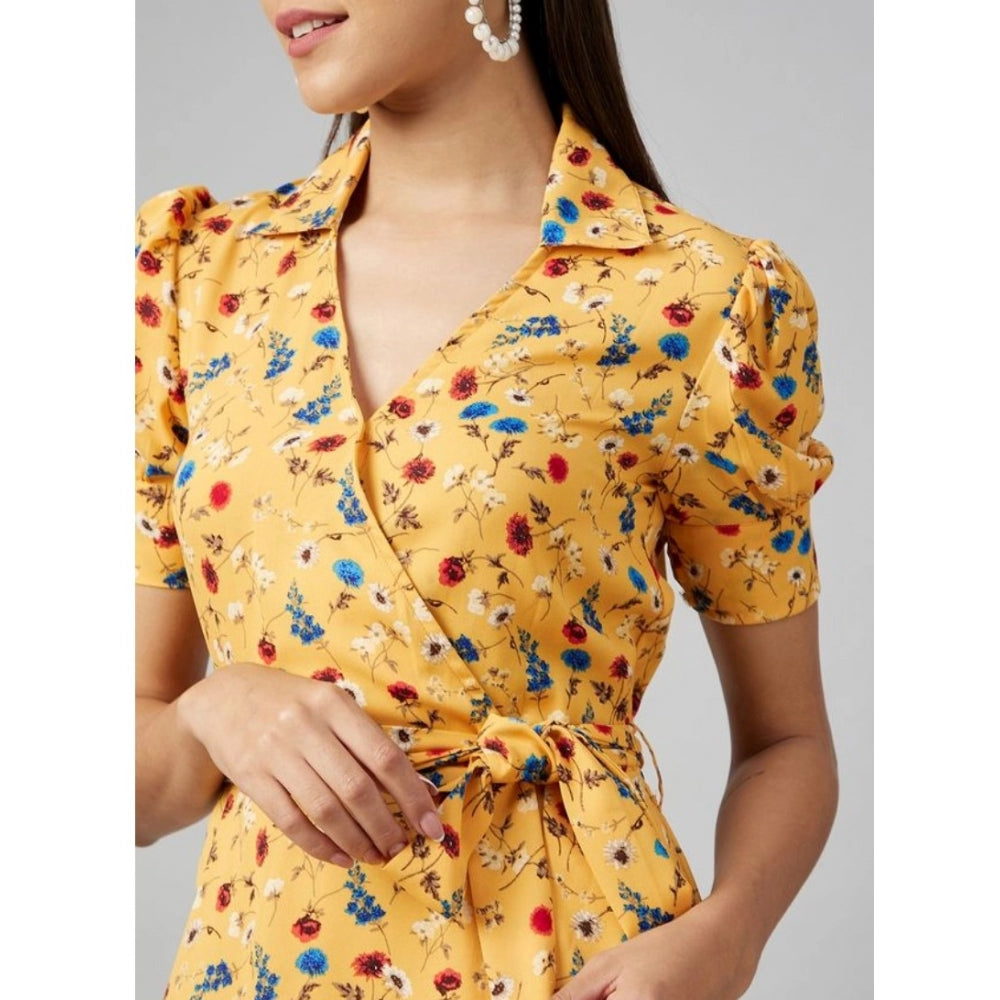 Amfyn Women's Polyester Floral Short Sleeve Above Knee Dress (Yellow)