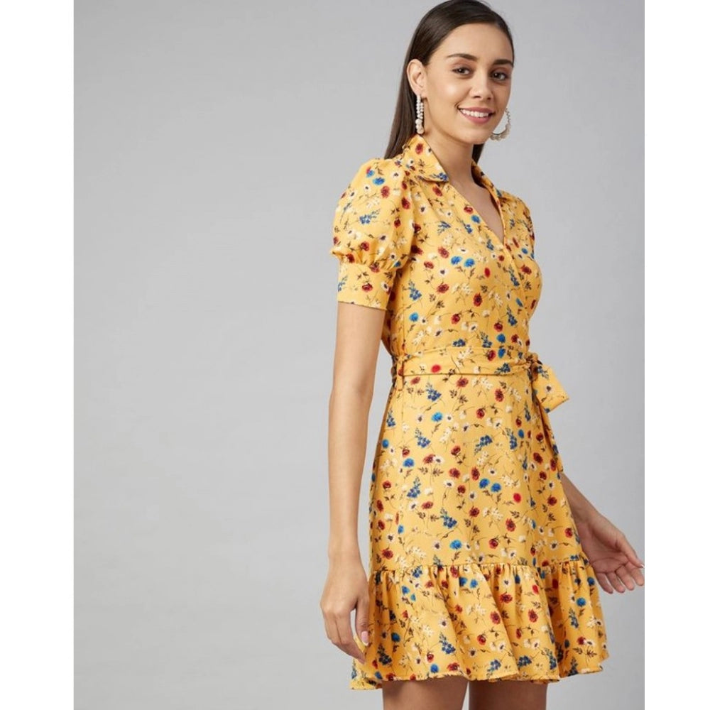 Amfyn Women's Polyester Floral Short Sleeve Above Knee Dress (Yellow)