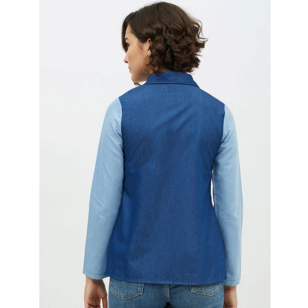 Amfyn Women's Denim Patch Work Long Sleeves Standard Length Shirt (Blue)
