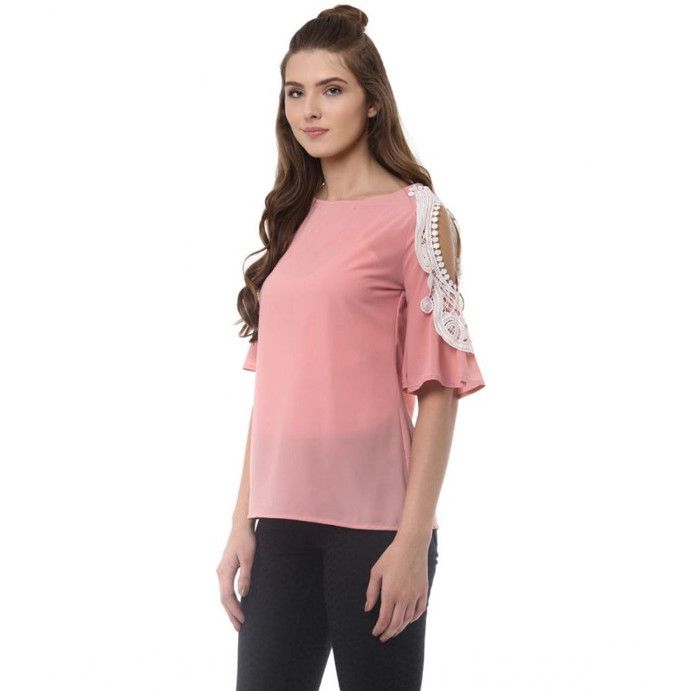 Amfyn Women's Polyester Lace Inserts Half Sleeve Top (Pink)