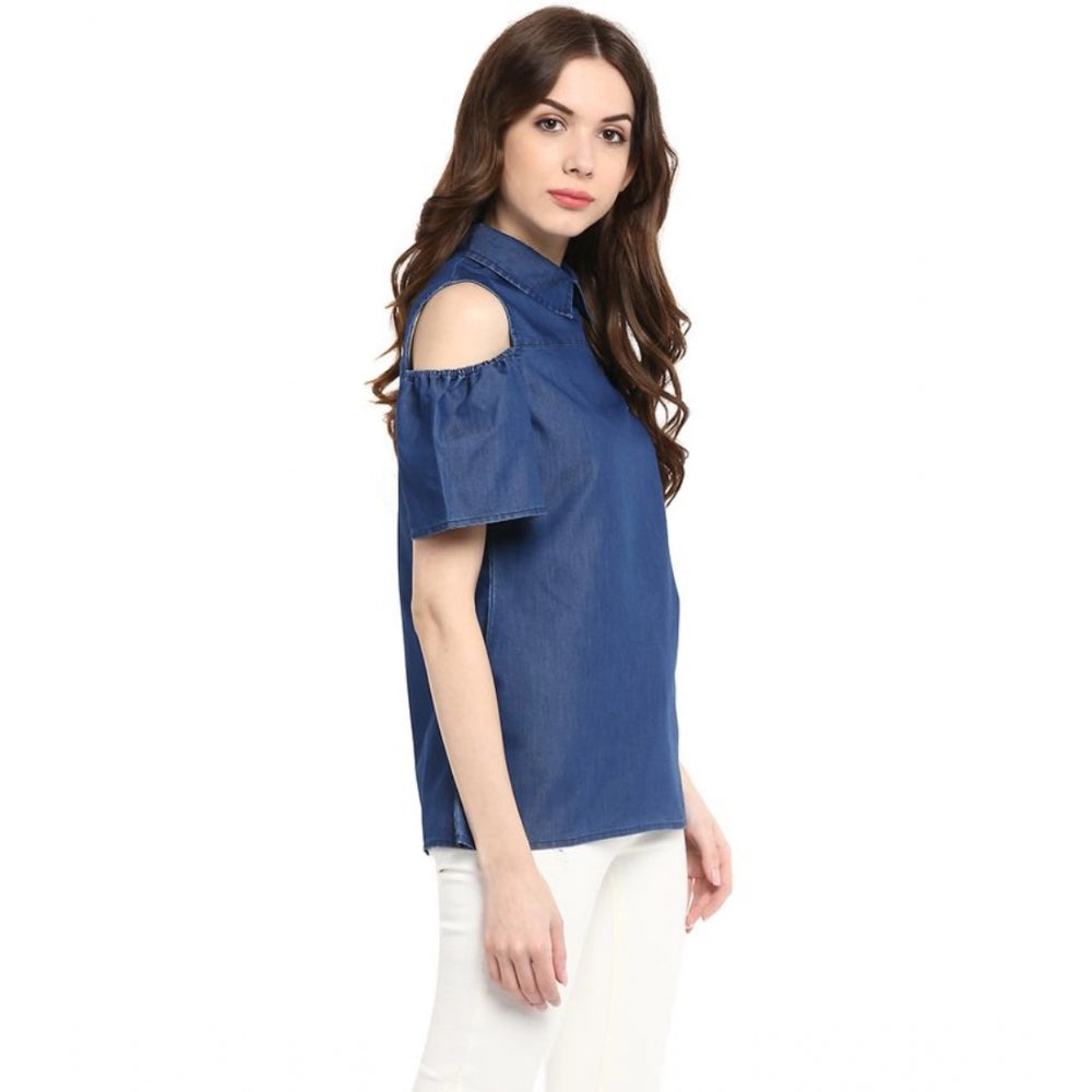 Amfyn Women's Denim Solid Cold Shoulder Regular Top (Blue)