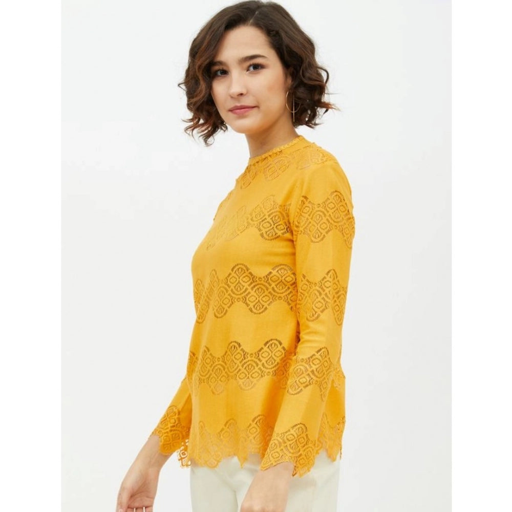 Amfyn Women's Cotton Lace Inserts Long Sleeves Top (Yellow)