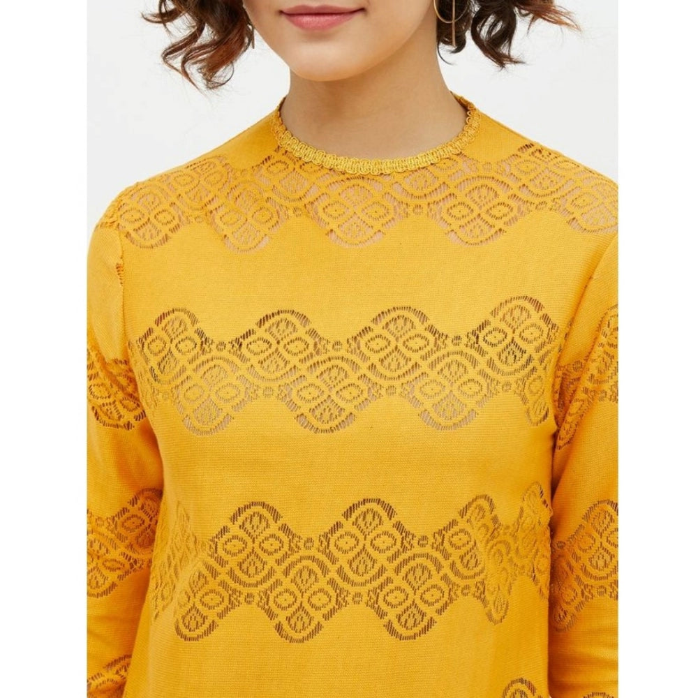 Amfyn Women's Cotton Lace Inserts Long Sleeves Top (Yellow)