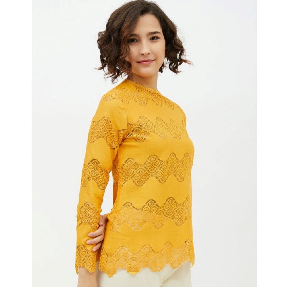 Amfyn Women's Cotton Lace Inserts Long Sleeves Top (Yellow)