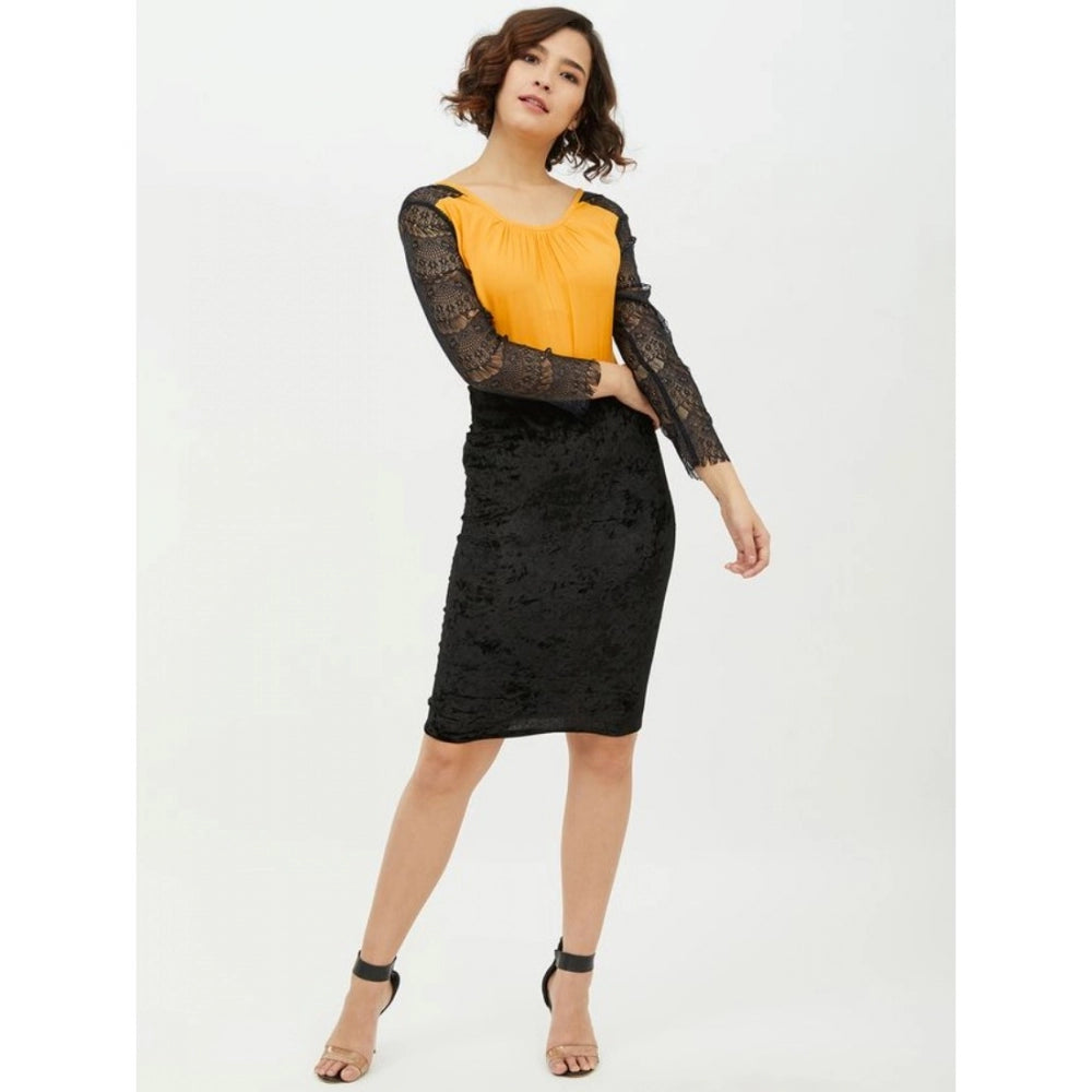 Amfyn Women's Rayon Lace Inserts Long Sleeves Top (Yellow)