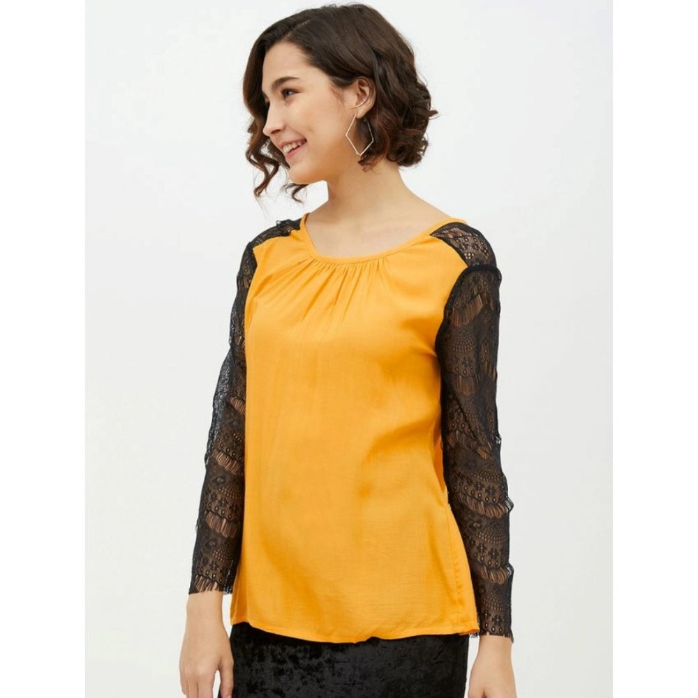 Amfyn Women's Rayon Lace Inserts Long Sleeves Top (Yellow)