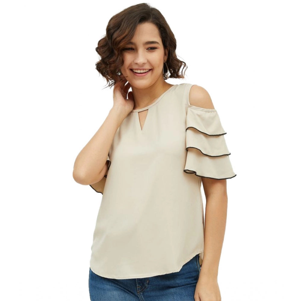 Amfyn Women's Polyester Tiered Cold Shoulder Top (Beige)