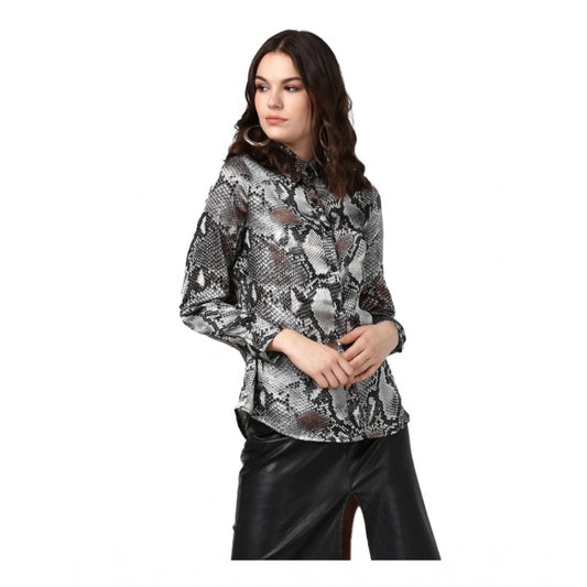 Amfyn Women's Satin Animal Print Long Sleeves Standard Length Shirt (Black - Grey)