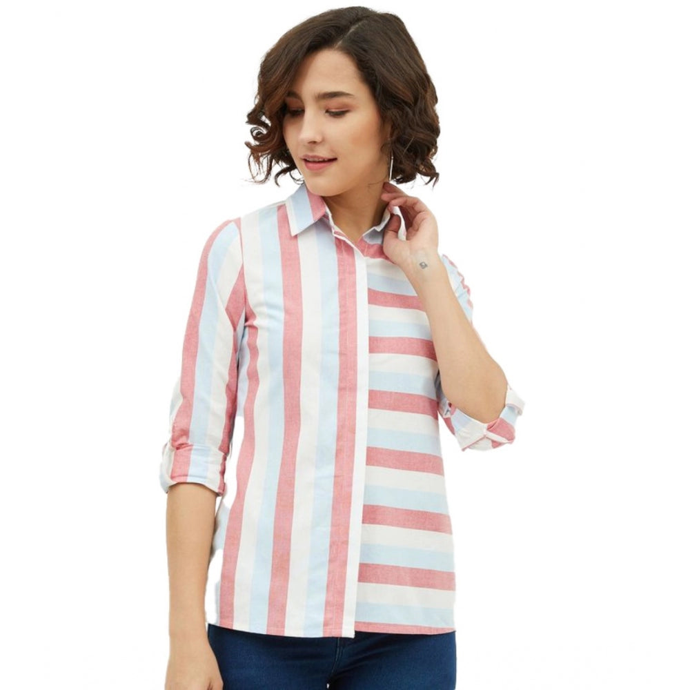 Amfyn Women's Cotton Striped Long Sleeves Standard Length Shirt (Pink)
