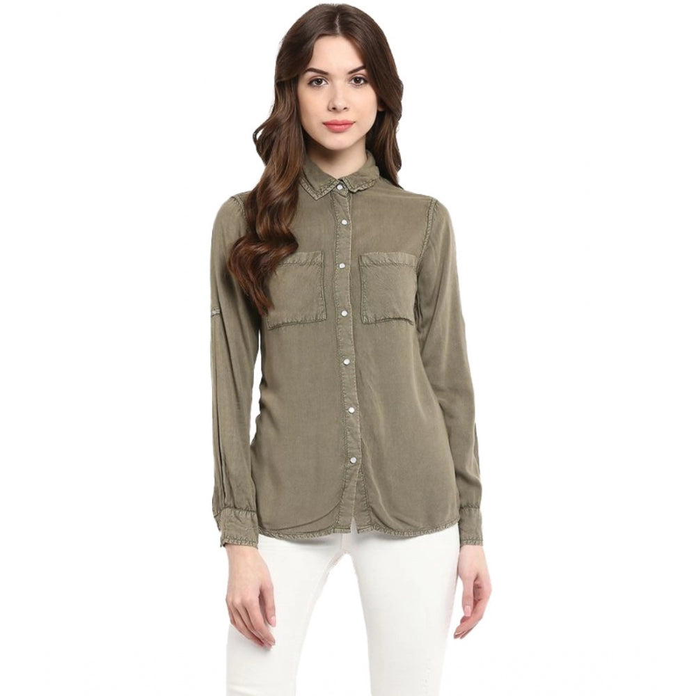 Amfyn Women's Rayon Solid Long Sleeves Standard Length Shirt (Olive Green)