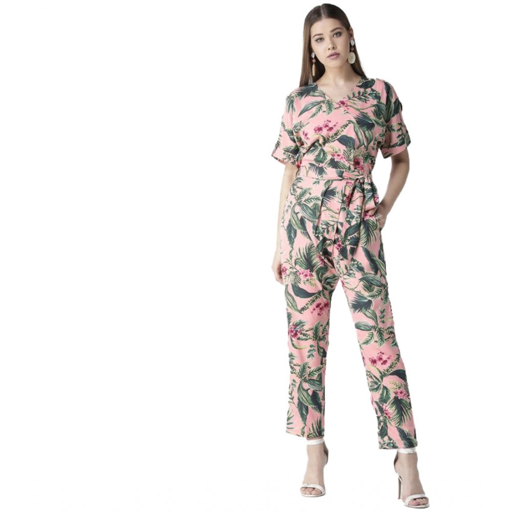 Amfyn Women's Polyester Floral Half Sleeve Jumpsuit (Pink)