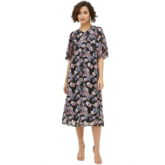 Amfyn Women's Polyester Chain Print Cap Sleeve Calf-length Dress (Multicolor)