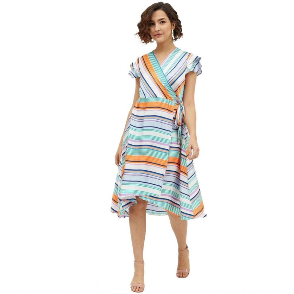 Amfyn Women's Satin Striped Short Sleeve Knee-Length Dress (Multicolor)