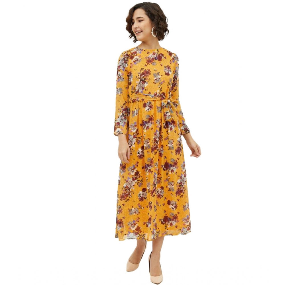 Amfyn Women's Polyester Floral Long Sleeves Calf-length Dress (Multicolor)