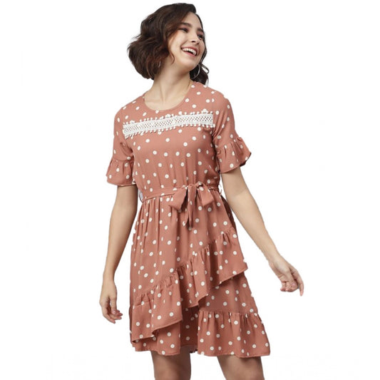 Amfyn Women's Polyester Polka Bell Sleeve Above Knee Dress (Brown)