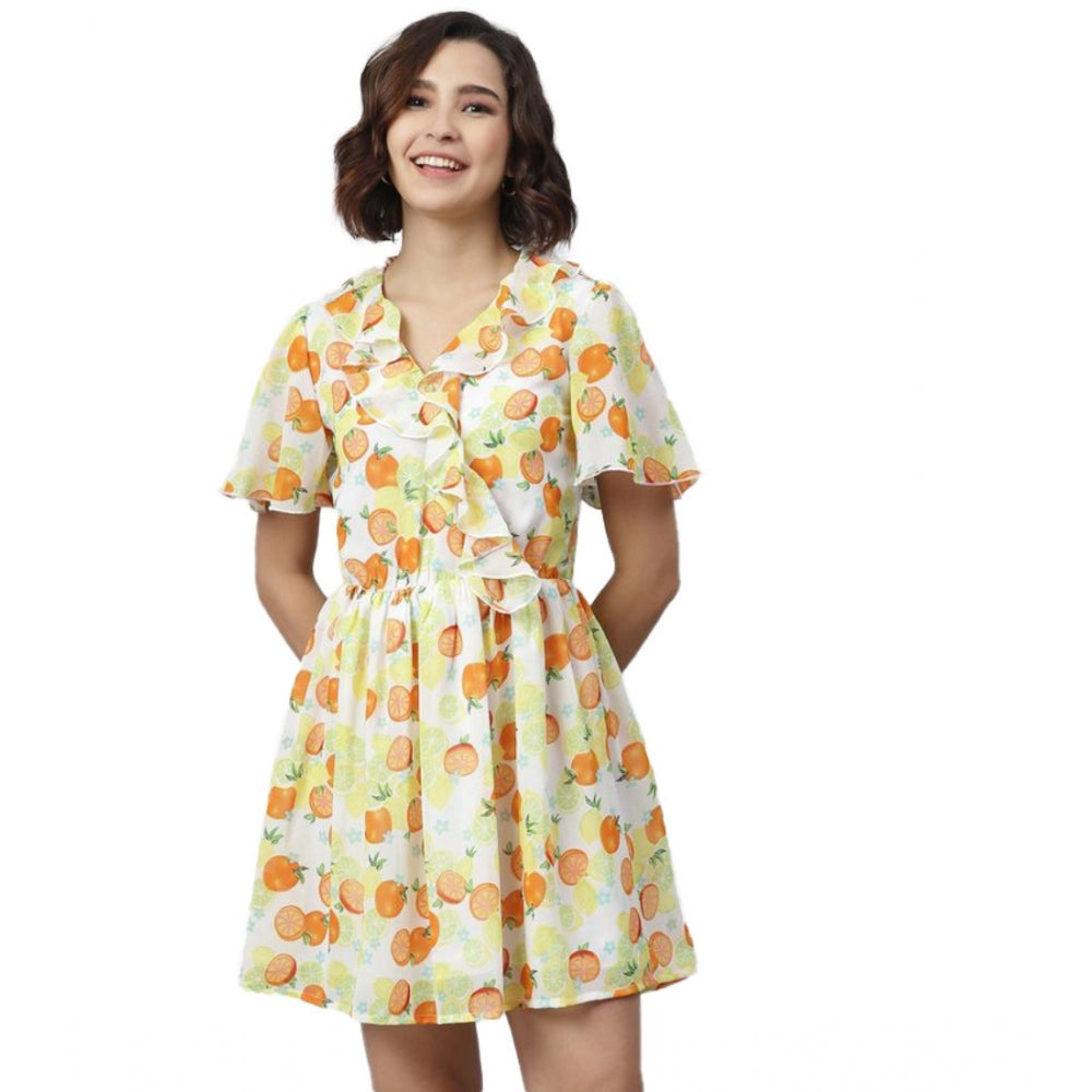 Amfyn Women's Polyester Printed Flutter Above Knee Dress (Yellow - Orange)