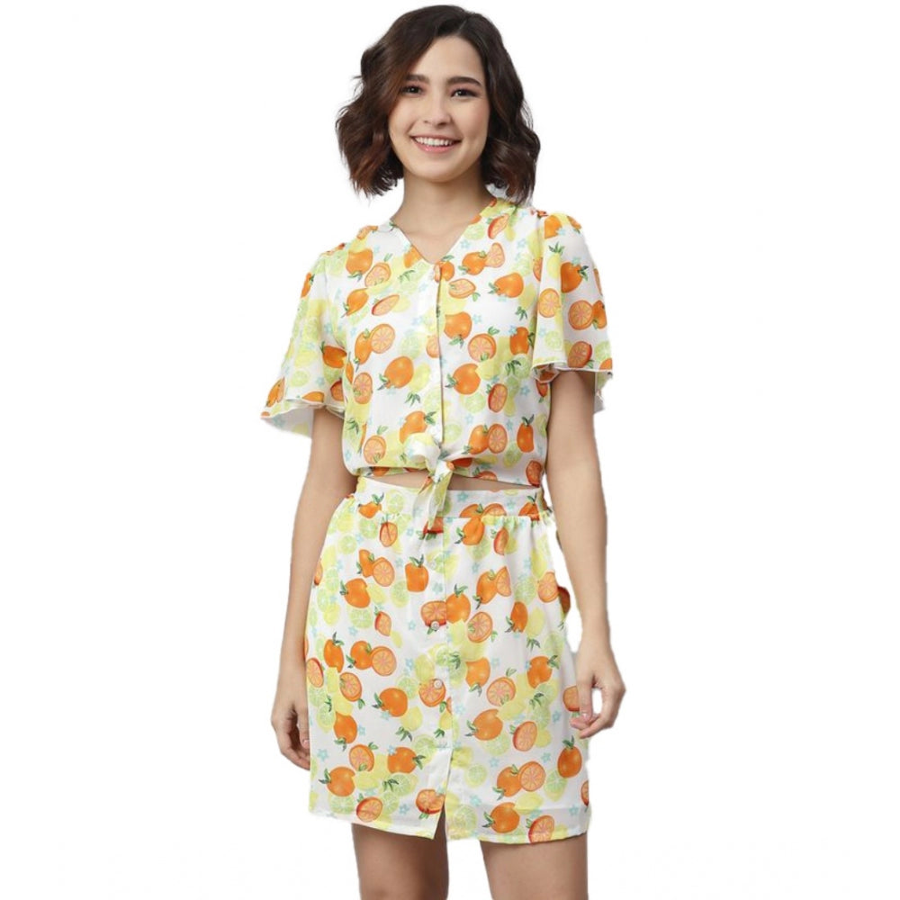 Amfyn Women's Polyester Printed Flutter Above Knee Dress (Orange - Yellow)