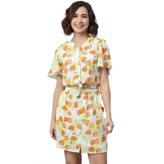 Amfyn Women's Polyester Printed Flutter Above Knee Dress (Orange - Yellow)