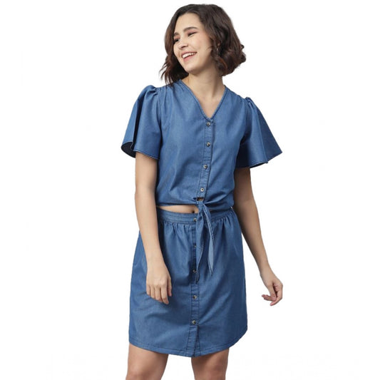 Amfyn Women's Denim Solid Flutter Above Knee Dress (Blue)