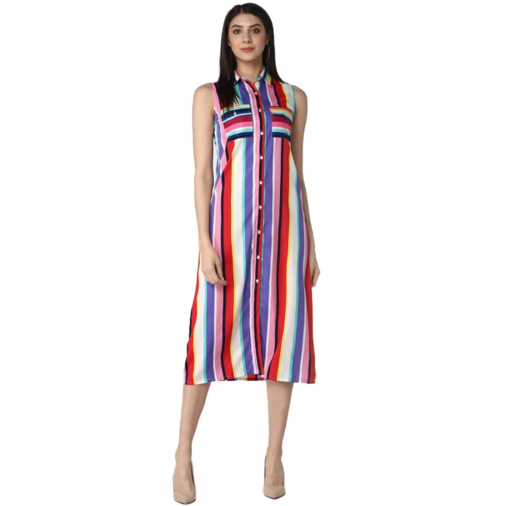 Amfyn Women's Polyester Striped Sleeveless Calf-length Dress (Multicolor)
