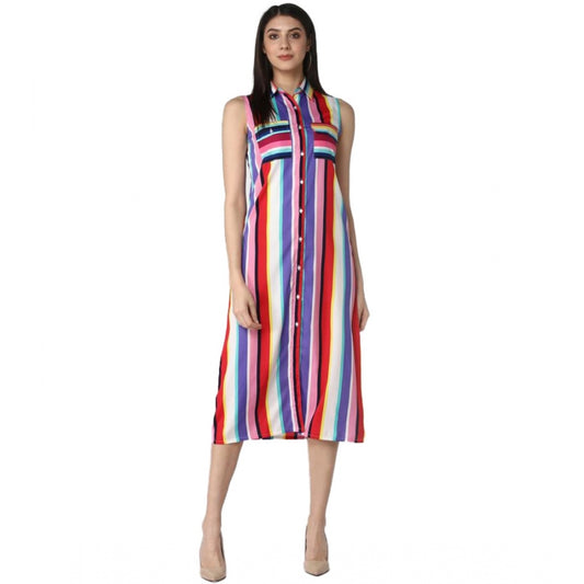 Amfyn Women's Polyester Striped Sleeveless Calf-length Dress (Multicolor)
