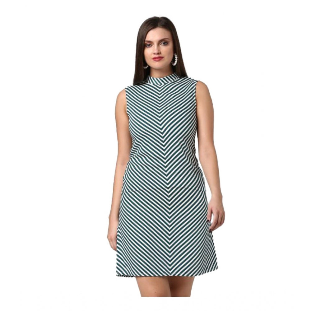 Amfyn Women's Polyester Striped Sleeveless Above Knee Dress (Green)