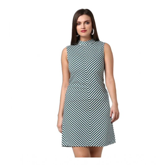 Amfyn Women's Polyester Striped Sleeveless Above Knee Dress (Green)