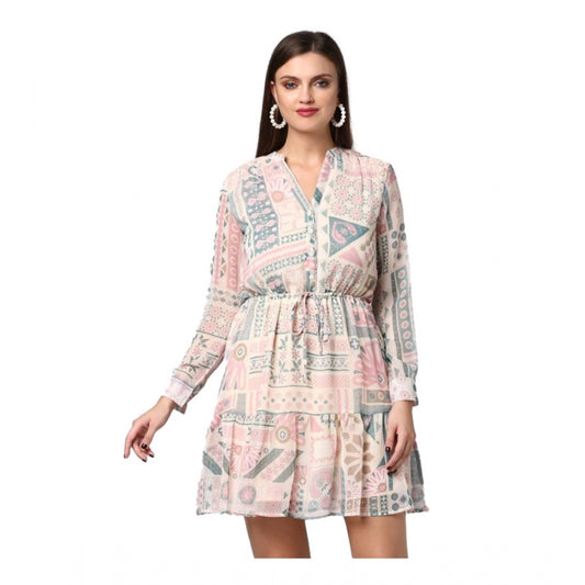 Amfyn Women's Polyester Printed Long Sleeves Above Knee Dress (Light Pink - Off White)