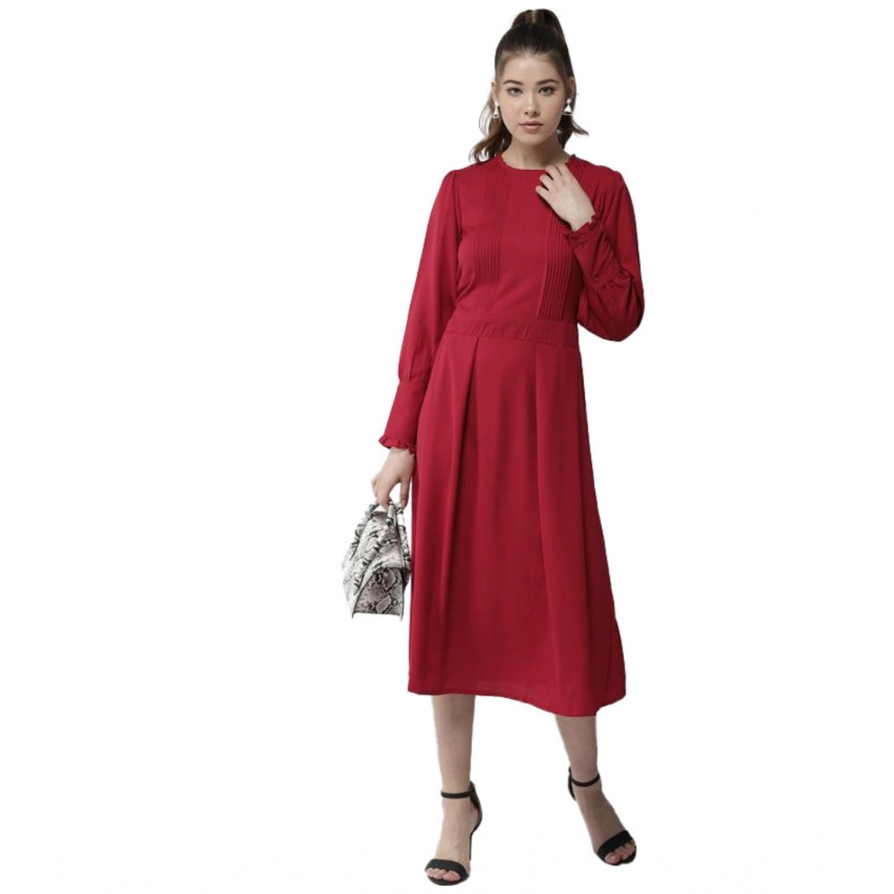 Amfyn Women's Polyester Pintuck Long Sleeves Below Knee Dress (Red)