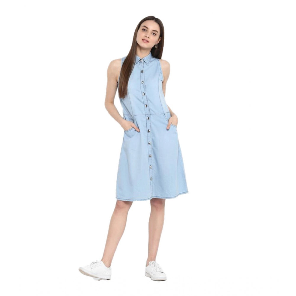 Amfyn Women's Denim Solid Sleeveless Below Knee Dress (Blue)