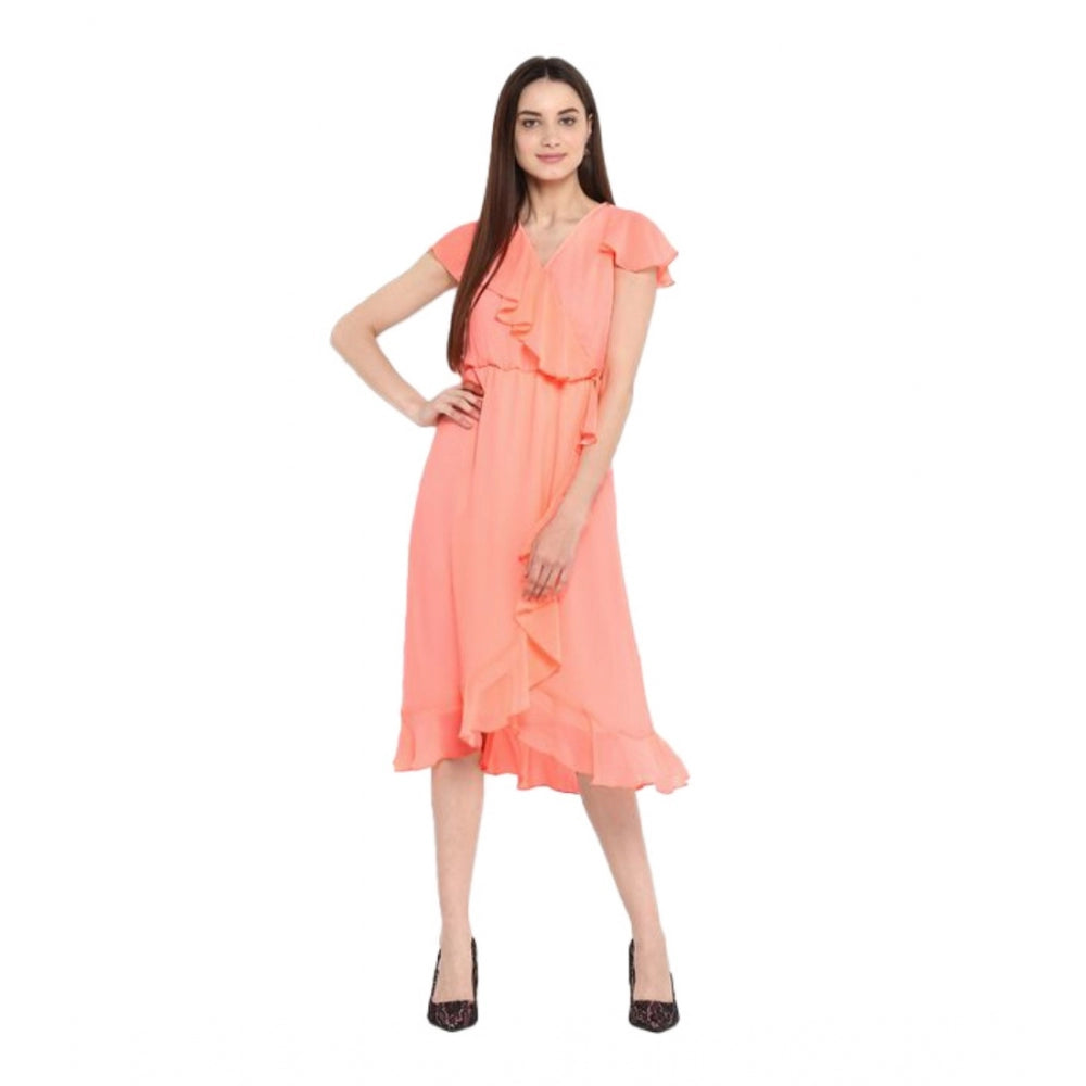 Amfyn Women's Polyester Ruffled Cap Sleeve Below Knee Dress (Neon Pink)