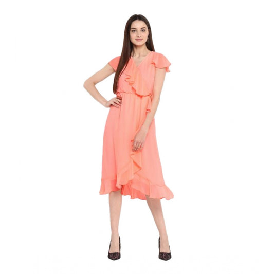 Amfyn Women's Polyester Ruffled Cap Sleeve Below Knee Dress (Neon Pink)