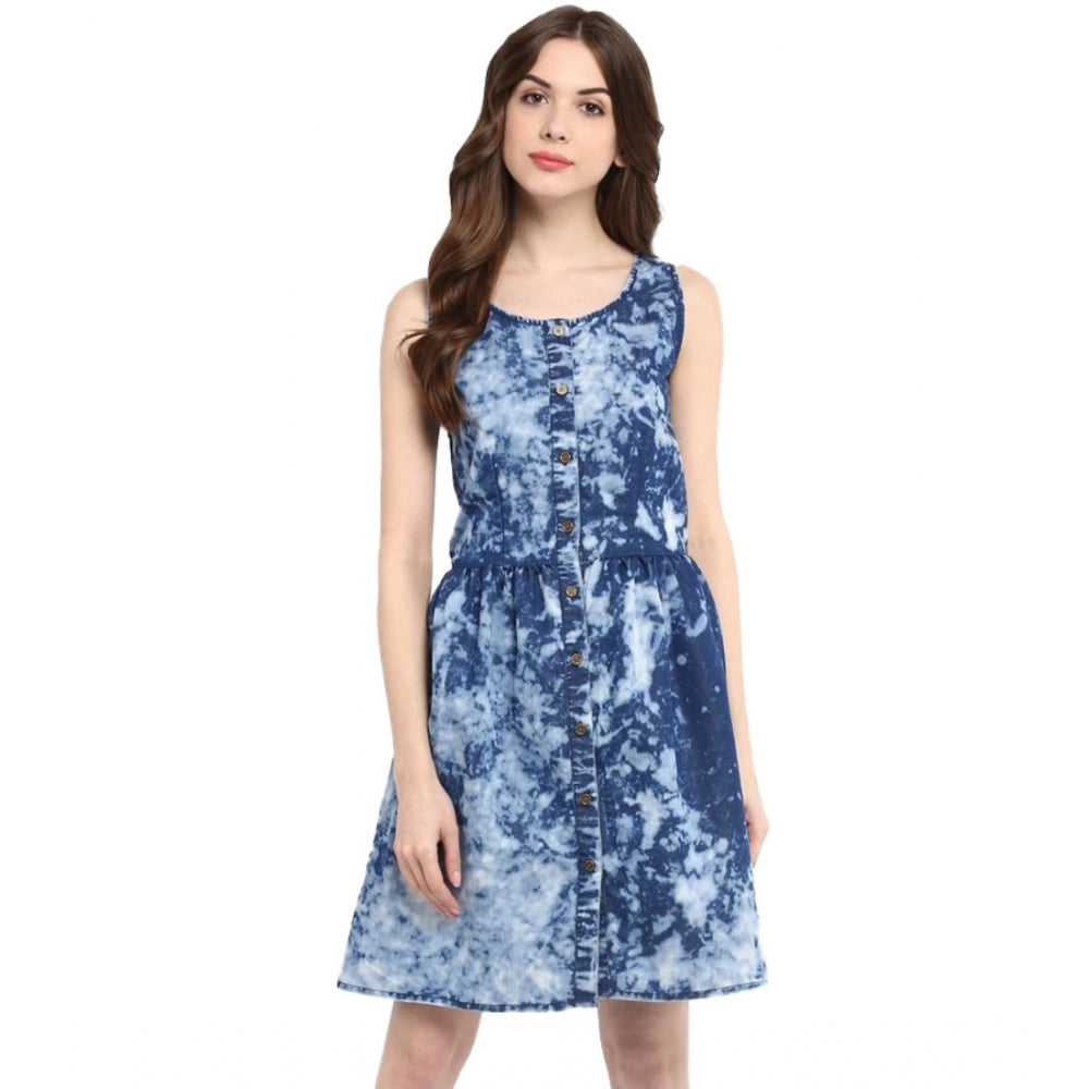 Amfyn Women's Denim Tie &amp; Dye Sleeveless Above Knee Dress (Blue)