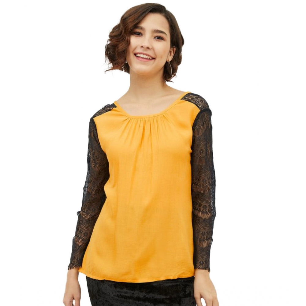 Amfyn Women's Rayon Lace Inserts Long Sleeves Top (Yellow)
