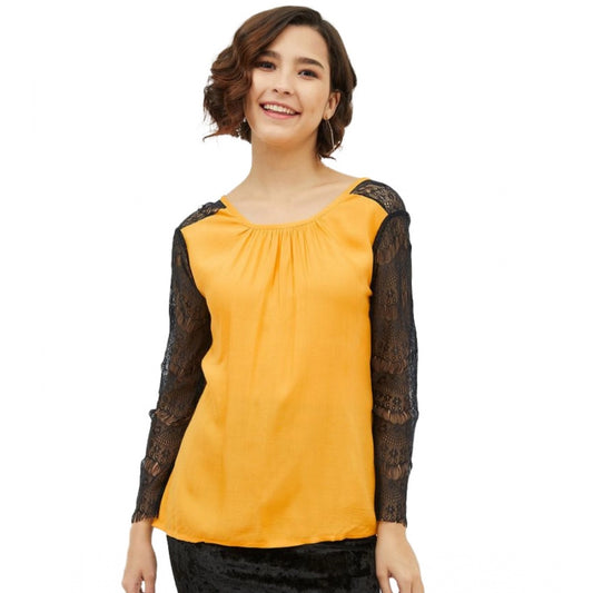 Amfyn Women's Rayon Lace Inserts Long Sleeves Top (Yellow)