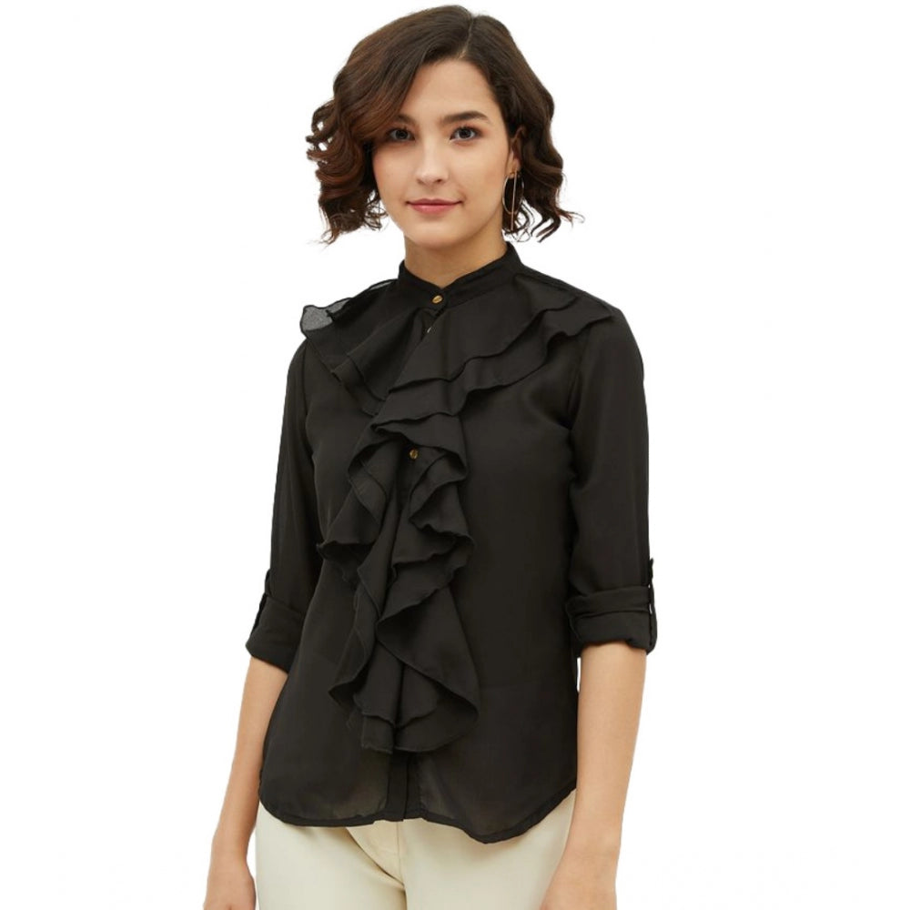 Amfyn Women's Polyester Ruffled Long Sleeves Standard Length Shirt (Black)