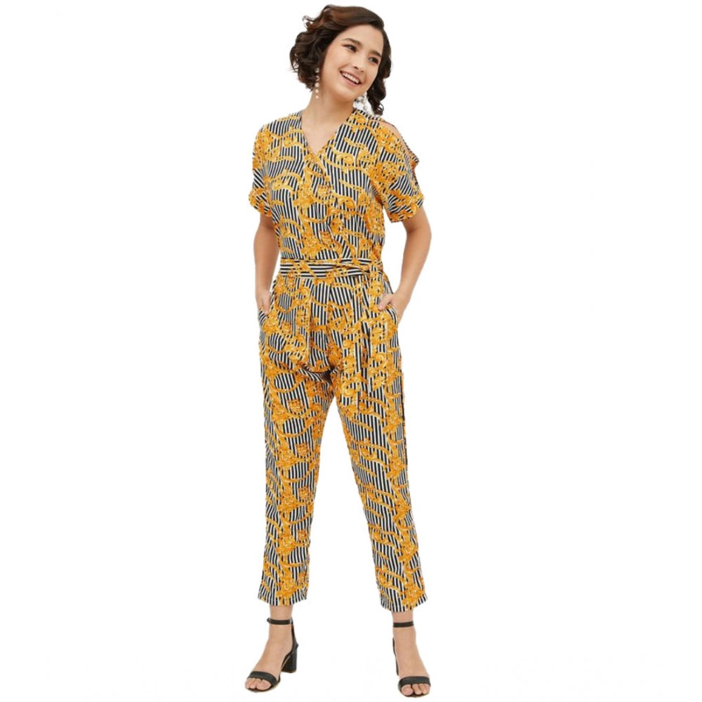Amfyn Women's Polyester Printed Half Sleeve Long Jumpsuit (Yellow)