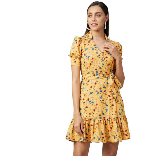 Amfyn Women's Polyester Floral Short Sleeve Above Knee Dress (Yellow)