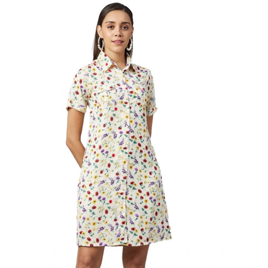 Amfyn Women's Polyester Floral Short Sleeve Above Knee Dress (Multicolor)