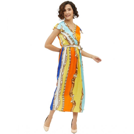 Amfyn Women's Satin Chain Print Cap Sleeve Calf-length Dress (Multicolor)