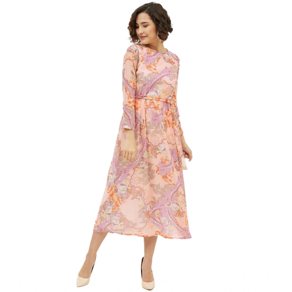 Amfyn Women's Polyester Printed Long Sleeves Calf-length Dress (Multicolor)