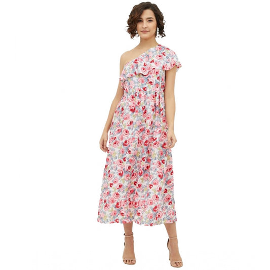 Amfyn Women's Polyester Floral One Shoulder Calf-length Dress (Multicolor)
